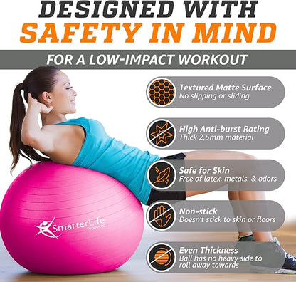 SmarterLife Workout Exercise Ball for Fitness, Yoga, Balance, Stability, or Birthing, Great as Yoga Ball Chair for Office or Exercise Gym Equipment for Home, Premium Non-Slip Design