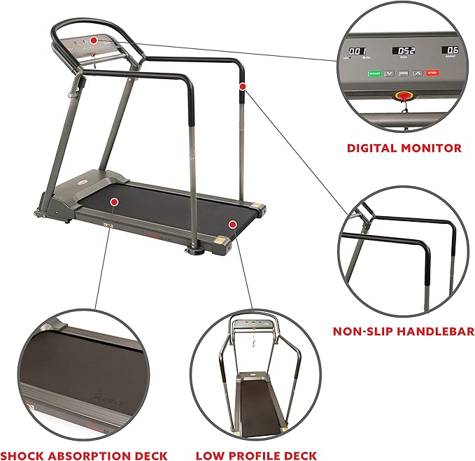 Sunny Health & Fitness Walking Treadmill with Low Wide Deck and Multi-Grip Handrails for Balance, 295 LB Max Weight - SF-T7857, Gray