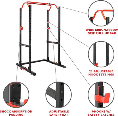 Sunny Health & Fitness Power and Squat Rack with High Weight Capacity Optional Olympic Weight Plate Storage, 360° Swivel Landmine, Power Band Attachment