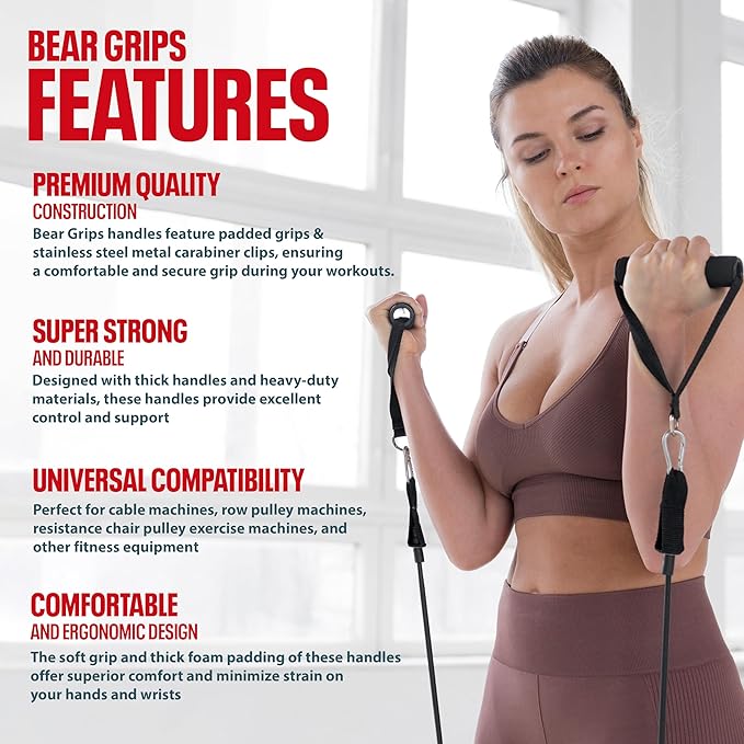 Bear Grips 4 Piece Gym Exercise Handles with Clips - Heavy Duty Replacement Fitness Equipment for Men and Women - Cable Machine Attachments Fitness Accessories for Home Gym Equipment, Pilates, Yoga