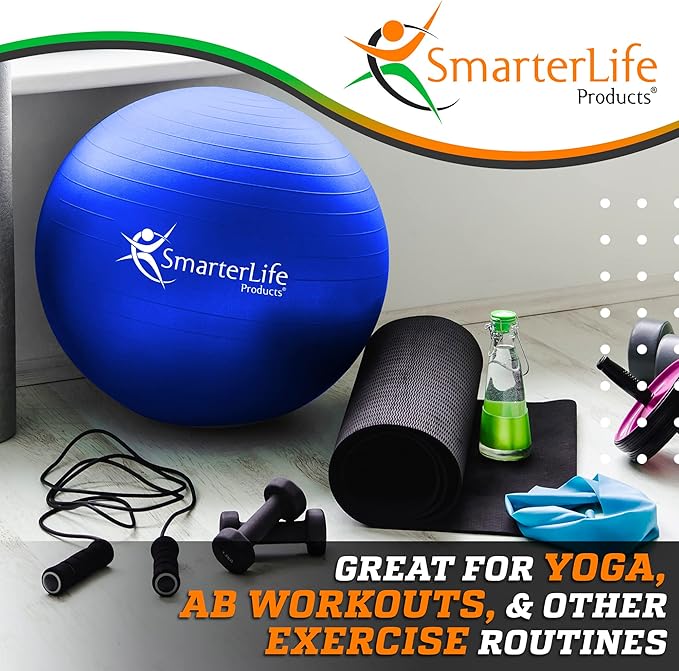 SmarterLife Workout Exercise Ball for Fitness, Yoga, Balance, Stability, or Birthing, Great as Yoga Ball Chair for Office or Exercise Gym Equipment for Home, Premium Non-Slip Design