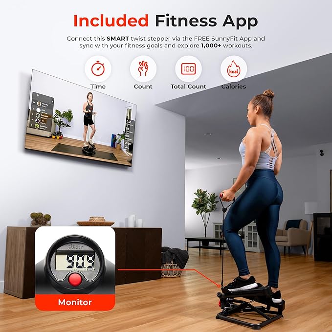 Sunny Health & Fitness Advanced Twist Stepper Machine Workout Cardio Mini Stair Master Climber Thigh Space Twist Stepper Resistance Band w Optional Free SunnyFit App Enhanced Bluetooth Connectivity