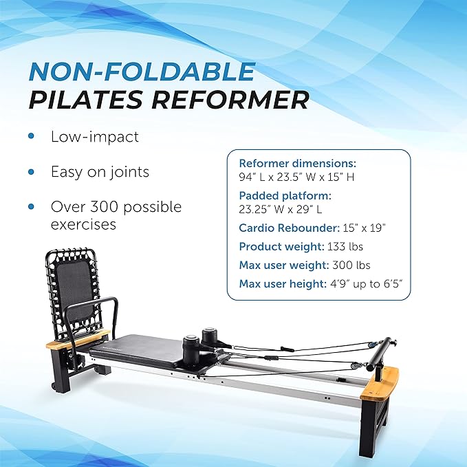 Stamina AeroPilates Pro Reformer Whole Body Resistance Padded Pilates Workout Machine with Cardio Rebounder for Home Workouts, Chrome Black