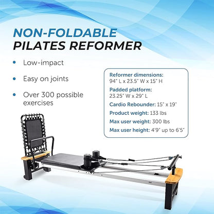 Stamina AeroPilates Pro Reformer Whole Body Resistance Padded Pilates Workout Machine with Cardio Rebounder for Home Workouts, Chrome Black