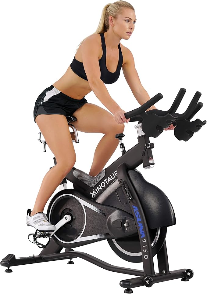 Sunny Health & Fitness ASUNA 7150 Minotaur Exercise Bike Magnetic Belt Drive Commercial Indoor Cycling Bike with 330 LB Max Weight, SPD Style/Cage Pedals and Aluminum Frame, Black