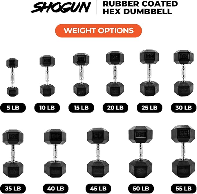 Shogun Hex Dumbbells. Available Hex Dumbbells from 5-55 LBS For Home Workouts, Weight & Strength Training. 5 to 20 LB Hex Dumbbells Sold in Pairs. 25 to 55 LB Hex Dumbbells Sold as Single.