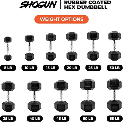 Shogun Hex Dumbbells. Available Hex Dumbbells from 5-55 LBS For Home Workouts, Weight & Strength Training. 5 to 20 LB Hex Dumbbells Sold in Pairs. 25 to 55 LB Hex Dumbbells Sold as Single.