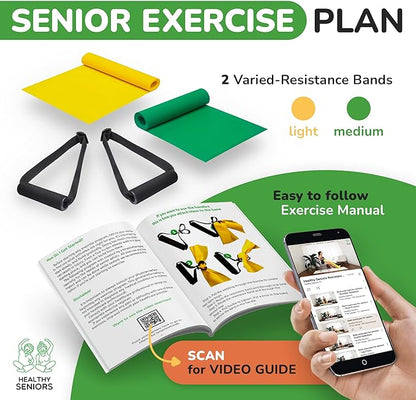 Chair Exercises for Seniors - Two Resistance Bands, Handles, and Printed Exercise Guide. Adjustable Fitness Equipment for Seniors, Elderly Home. Occupational & Physical Therapy Aids