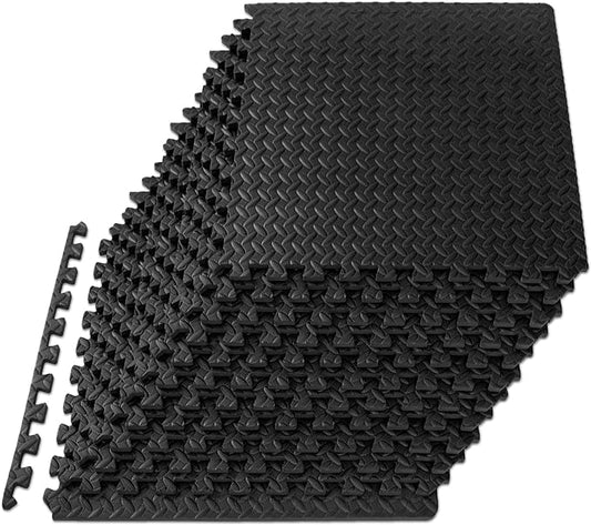 ProsourceFit Puzzle Exercise Mat ½ in, EVA Interlocking Foam Floor Tiles for Home Gym, Mat for Home Workout Equipment, Floor Padding for Kids, Black, 24 in x 24 in x ½ in, 144 Sq Ft - 36 Tiles