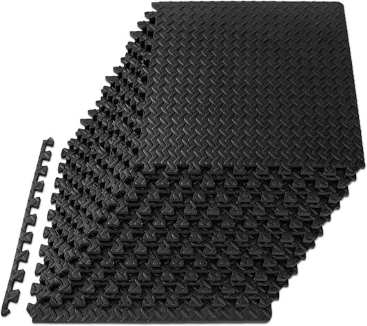 ProsourceFit Puzzle Exercise Mat ½ in, EVA Interlocking Foam Floor Tiles for Home Gym, Mat for Home Workout Equipment, Floor Padding for Kids, Black, 24 in x 24 in x ½ in, 144 Sq Ft - 36 Tiles