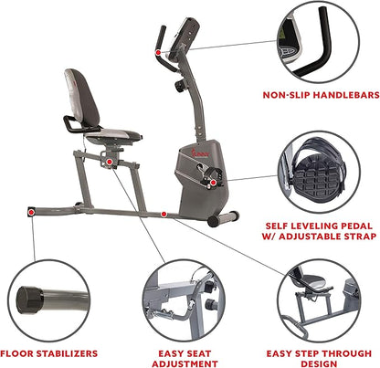 Sunny Health & Fitness Magnetic Recumbent Bike Exercise Bike with Easy Adjustable Seat, Device Holder, RPM and Pulse Rate Monitoring - SF-RB4806, Grey