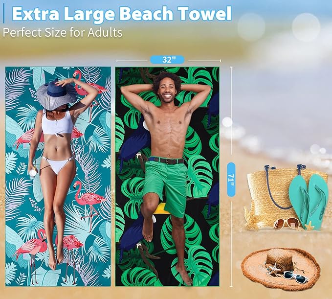 2 Pack Lightweight Thin Beach Towel Oversized 71"x32" Big Extra Large Microfiber Sand Free Towels for Adult Quick Dry Travel Camping Beach Accessories Vacation Essential Gift Flamingo Toucan