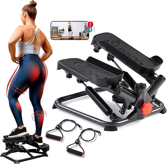 Sunny Health & Fitness Advanced Twist Stepper Machine Workout Cardio Mini Stair Master Climber Thigh Space Twist Stepper Resistance Band w Optional Free SunnyFit App Enhanced Bluetooth Connectivity