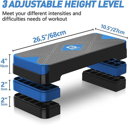 Aerobic Exercise Step, Adjustable Aerobic Stepper for Exercise, Workout Step Platform for Step Up, 26.5" Step Deck with 4” 6” 8” Adjustable Height Risers, Women Home Gym Cardio Fitness