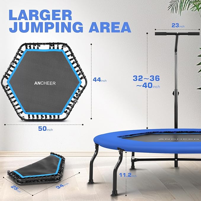 ANCHEER 50" Rebounder Trampoline for Adults- 2025 Foldable Mini Trampoline with Bar- Exercise Trampoline for Adults, Max Load 450lbs/550lbs, for Indoor/Garden Workout