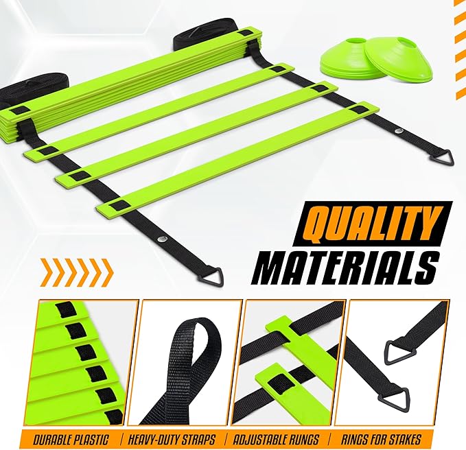 Yes4All Speed Training Equipment Set: 15ft Agility Ladder 5 Agility 12 Disc