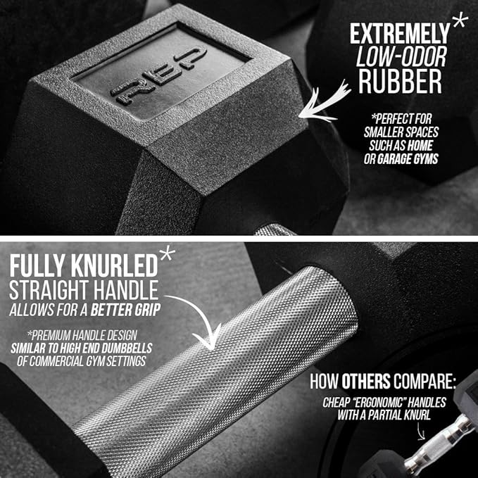 Rep Fitness Rubber Hex Dumbbell(s) - Singles (55LB (5LB - 50LB) -