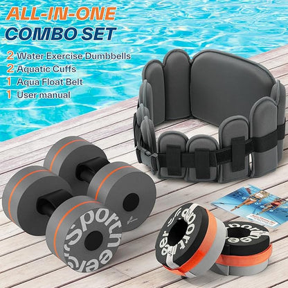 Sportneer Water Aerobics Pool Exercise Equipment New 6-Piece Water Fitness Set Includes High Density Water Weight Swim Belt Water Ankle Weights for Aqua Therapy Pool Fitness Water Exercise