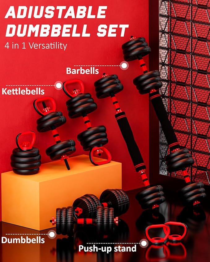 4-in-1 Adjustable Weight Dumbbell Set - Premium Home Gym Equipment with Dumbbell, Barbell, Kettlebell, Push-Up Modes - Ergonomic, Safe, and Compact for Total Body Workouts