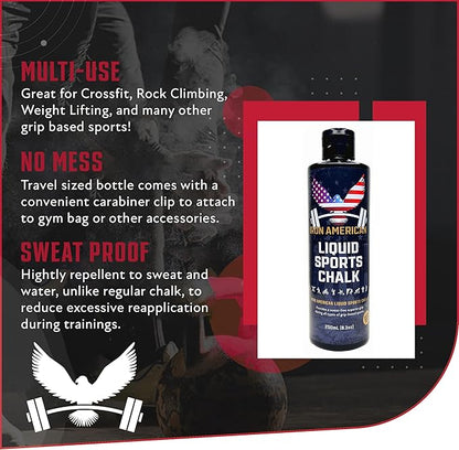 IRON AMERICAN Liquid Chalk - No-Mess Long-Lasting Grip Chalk for Weightlifting, Gymnastics, Rock Climbing, and Fitness Training - Advanced Hand Chalk for Gym