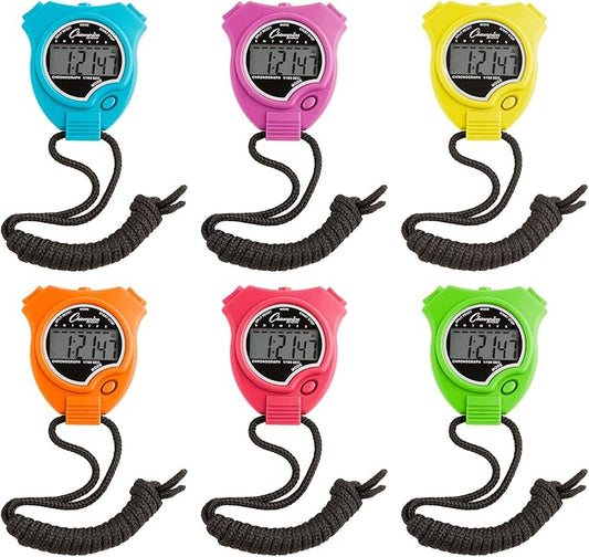 Champion Sports Stopwatch Timer Set: Waterproof, Handheld Digital Clock Sport Stopwatches with Large Display for Kids or Coach - Bright Colored 6 Pack