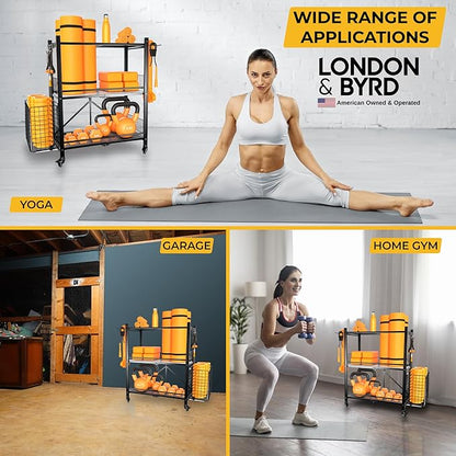 London & Byrd - Assemble in Minutes - Home Gym Storage Rack. Steel Construction, Heavy Duty Wheels, with Basket and Hooks. Great for Yoga mat Storage, Kettlebell Storage, and Small Dumbbell Storage.