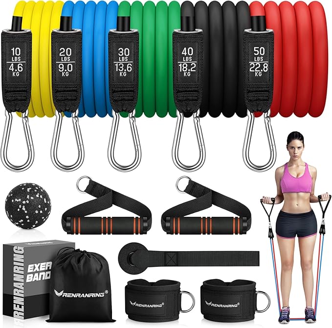 RENRANRING Resistance Bands for Working Out, 150LBS Exercise Bands, Workout Bands, Resistance Bands Set with Handles for Men Women, Legs Ankle Straps for Muscle Training