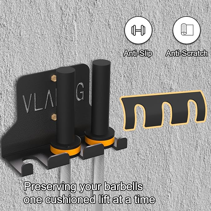 Barbell Holder Wall Mount, Olympic Barbell Hanger 3 Hooks, Black Powder Coated Barbell Storage, Garage Gym Bar Wall Rack, Space Saving Commercial or Home Gym Accessory Holds Under 34mm Bar Size