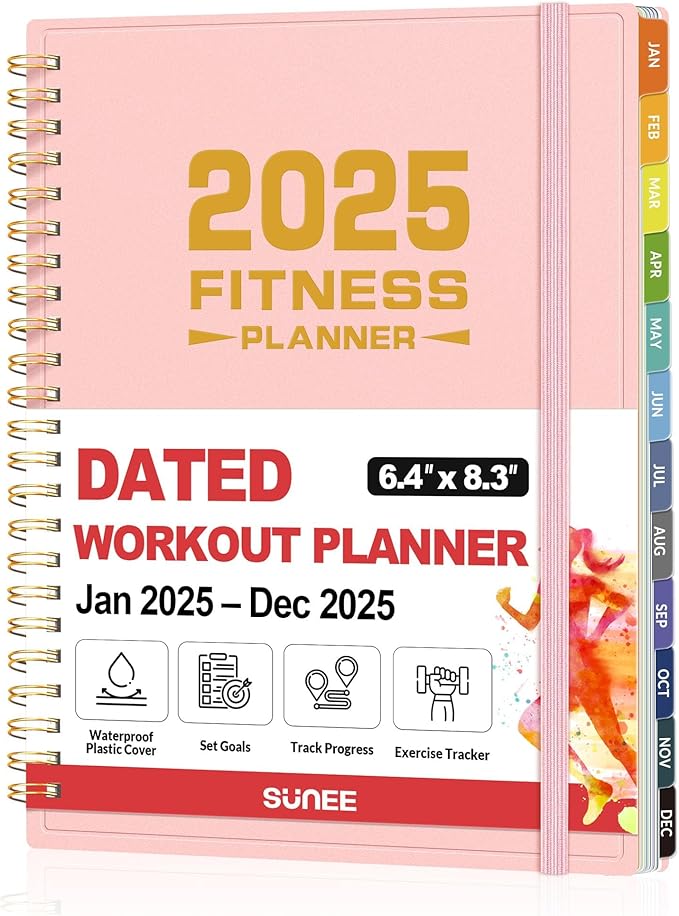 2025 Fitness Workout Journal Planner for Women & Men, from JAN 2025 - DEC 2025 Exercise Planner, 6.4" x 8.3" Fitness Tracker Journal Essentials for Goals, Tracking, Gifts with PVC Plastic Cover, Pink