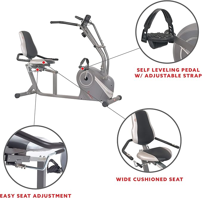 Sunny Health & Fitness Magnetic Recumbent Bike w/Adjustable Wide Cushion Seat, Home Stationary Exercise Machine for Adult/Seniors, Optional Arm Exerciser & Exclusive SunnyFit App Bluetooth Connection