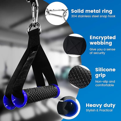 Ultra Heavy Duty Exercise Handles, Cable Handles Gym Equipment Attachment, Double D-Ring Grips, Encrypted Webbing, Blue Edge Design Non-Slip Comfort Grips