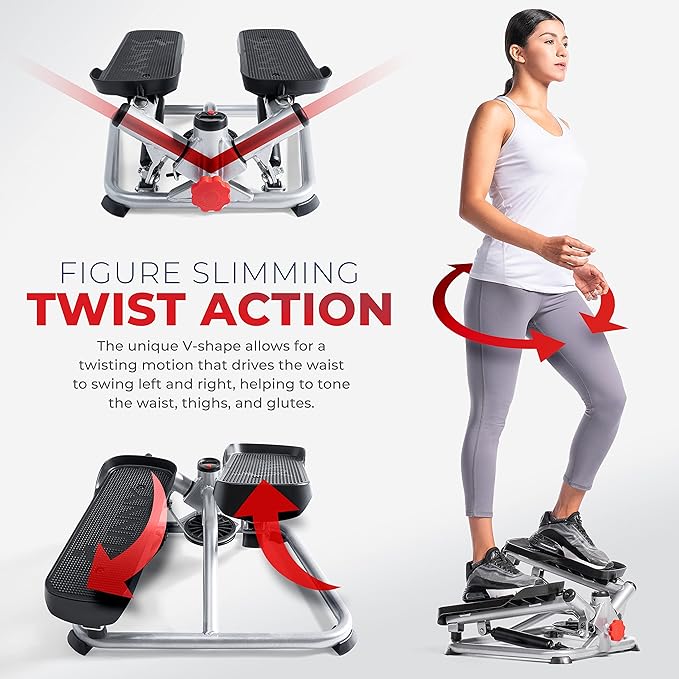 Sunny Health & Fitness Twist Stepper Machine Workout Cardio Equipment Gym Mini Stair Master Climber Thigh Space Squat Twist Stepper Advanced Twisted Resistance Band w Optional Connected Fitness