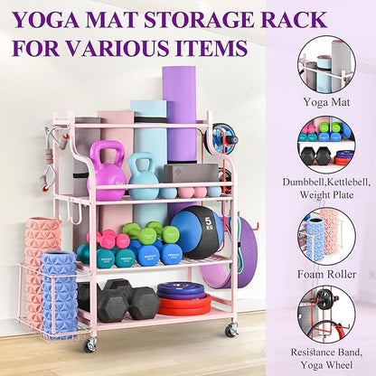 Mythinglogic Yoga Mat Storage Racks,Home Gym Storage Rack for Dumbbells Kettlebells Foam Roller, Yoga Strap and Resistance Bands, Workout Equipment Storage Organizer With Hooks and Wheels