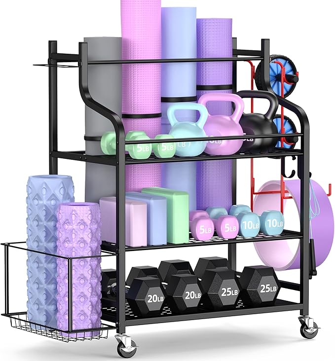 Mythinglogic Yoga Mat Storage Racks,Home Gym Storage Rack for Dumbbells Kettlebells Foam Roller, Yoga Strap and Resistance Bands, Workout Equipment Storage Organizer With Hooks and Wheels