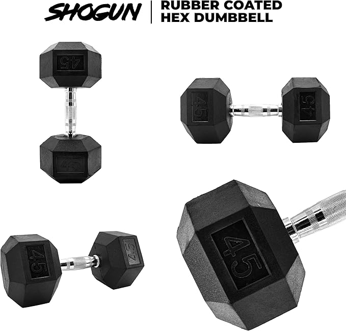 Shogun Hex Dumbbells. Available Hex Dumbbells from 5-55 LBS For Home Workouts, Weight & Strength Training. 5 to 20 LB Hex Dumbbells Sold in Pairs. 25 to 55 LB Hex Dumbbells Sold as Single.