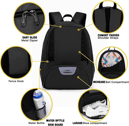 Soccer Bag&Soccer Backpack&Backpack for Football Volleyball Basketball,Sport Equipment Bags with Shoe compartment. (Black)