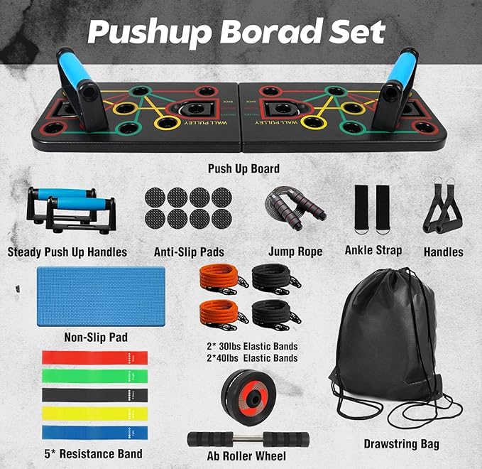 Wavar Portable Home Gym System: Large Compact Push Up Board, Pilates Bar & Fitness Accessories with Resistance Bands Ab Roller Wheel - Full Body Workout Set for Men and Women Gift