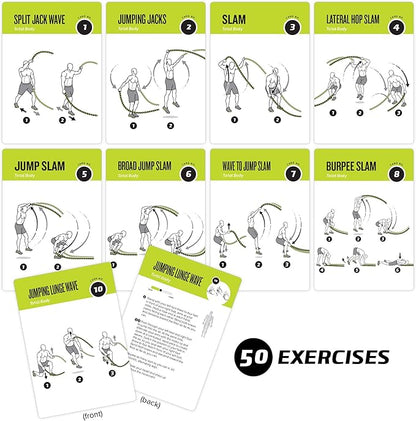 Battle Rope Exercise Cards, Set of 62 - with Guided Strength Training Workouts for Home or Gym :: Illustrated Fitness Cards with 50 Exercises :: Large Size, Durable & Waterproof