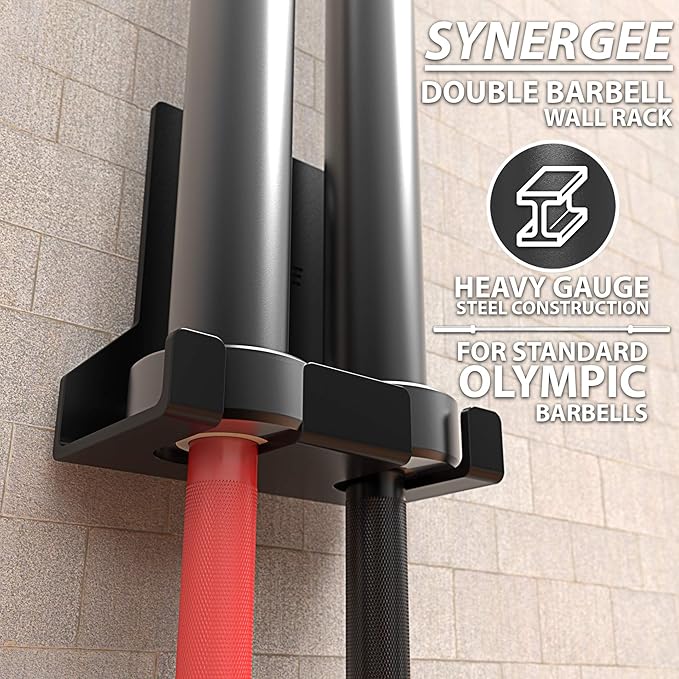 Synergee 1, 2 or 5 Barbell Holder. Vertical Hanging Barbell Rack. Holds Bars, Curl Bars, Hex Bars, Tricep Bars. Excellent Compact, Vertical Storage. Organization for Home, Commercial, Garage Gyms.