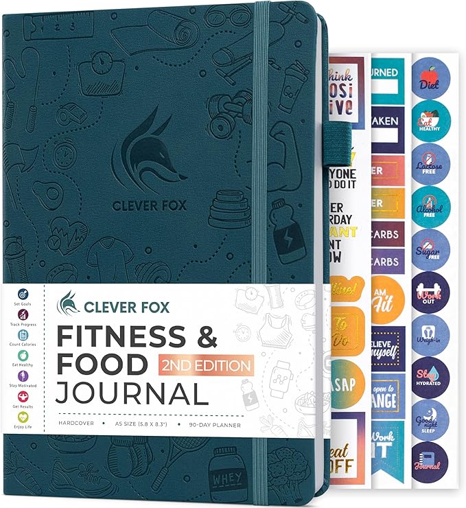 Clever Fox Fitness & Food Journal – Nutrition & Workout Planner for Women & Men – Diet & Gym Exercise Log Book with Calendars, Diet & Training Trackers - Undated, A5 Size, Hardcover (Dark Teal)