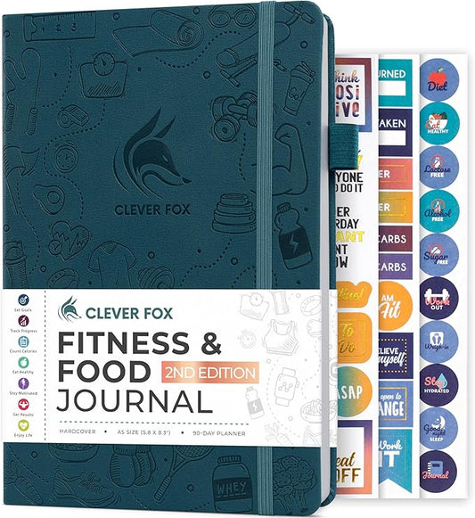 Clever Fox Fitness & Food Journal – Nutrition & Workout Planner for Women & Men – Diet & Gym Exercise Log Book with Calendars, Diet & Training Trackers - Undated, A5 Size, Hardcover (Dark Teal)