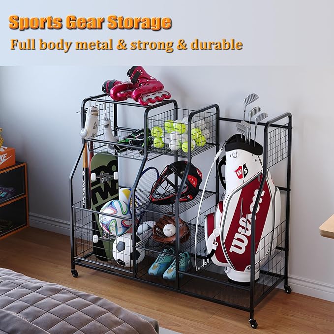 Golf Bag Storage Rack - Fits 2 Golf Bags, Garage Sports Equipment Organizer with Baskets, Garage Organizers and Storage with Hooks, Movable Ball Storage Cart with Wheel for Garage, Gym, Shed, Outdoor