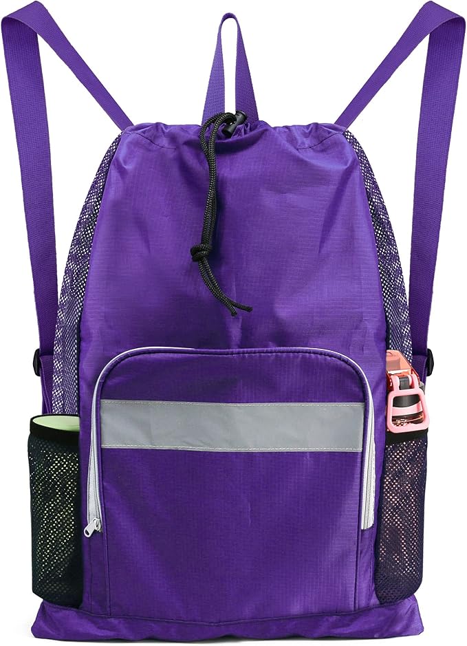 BeeGreen Gym Bag Drawstring Backpack With Zipper Pocket Swim Bag for Men Women Swimmers Sports Bag for Beach Pool Workout Gifts With 2 Mesh Pockets Cinch Bag Dark Purple