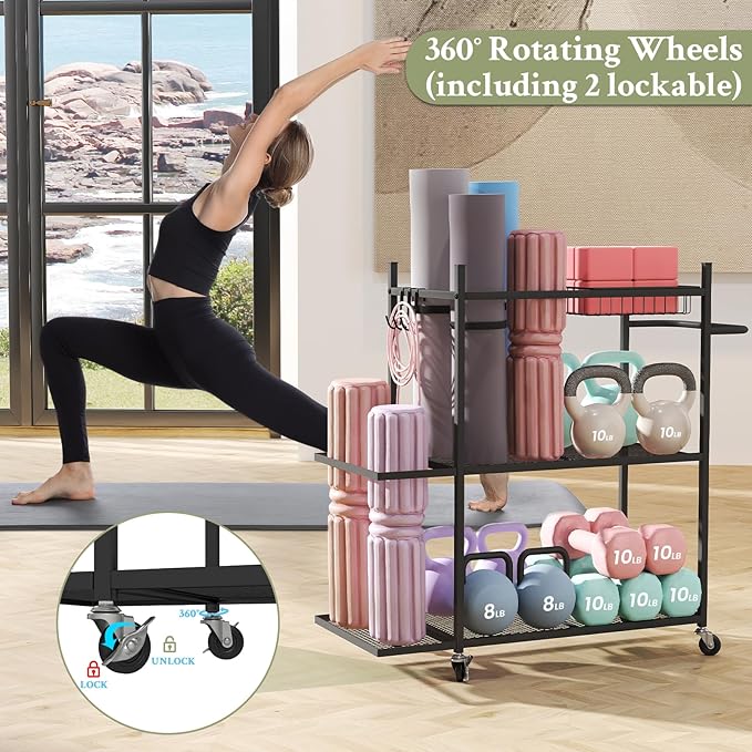 Hadulcet Dumbbell Rack, Heavy Duty Weight Rack for Dumbbells, Yoga Mat Storage Racks, Home Gym Storage Rack for Yoga Mat, Kettlebell & Balls, Adjustable Width Exercise Equipment with Lockable Wheels