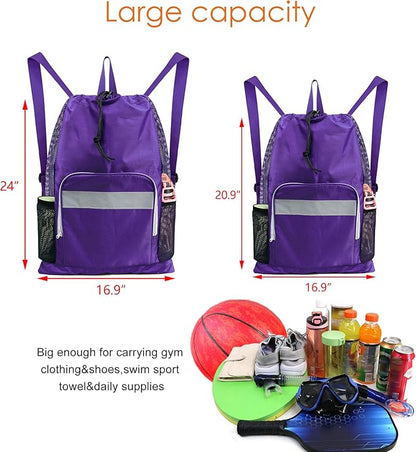 BeeGreen Gym Bag Drawstring Backpack With Zipper Pocket Swim Bag for Men Women Swimmers Sports Bag for Beach Pool Workout Gifts With 2 Mesh Pockets Cinch Bag Dark Purple