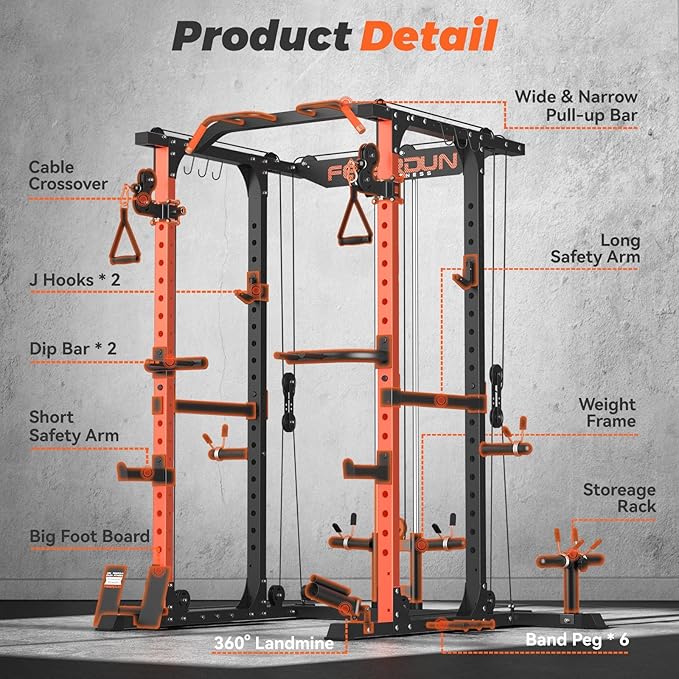 FEIERDUN Multi-Function Squat Rack Power Cage FLA01 with Cable Crossover System, 2000LBS Capacity Power Rack and Packages with Optional Weight Bench, Olympic Barbell Weight Set, for Garage & Home Gym