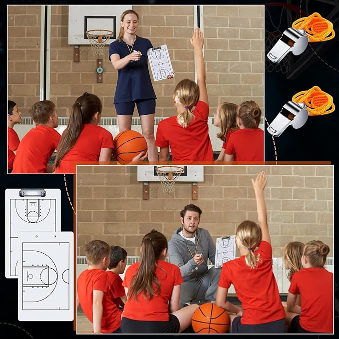 Fuutreo 2 Pcs Basketball Board for Coaches Dry Erase Double Sided Basketball Whiteboard Coaching Board Equipment Includes 6 Dry Erase Marker Pens and 2 Whistles for Basketball Gifts Accessories