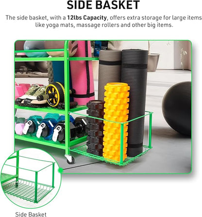 Dumbbell Rack – Weight Rack for Home Gym with Fitness Accessories – Neon Green Weight Storage Racks with Wheels – Home Gym Storage Rack with Side Basket for Dumbbells, Balls, Kettlebells