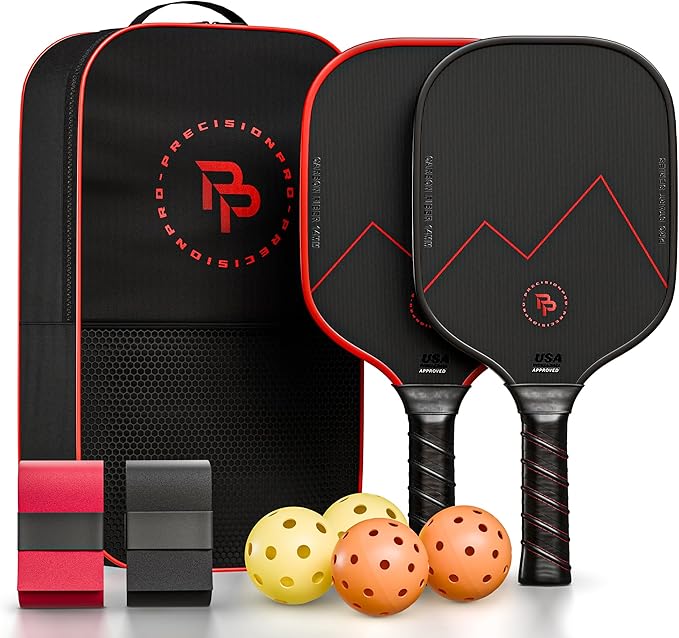 Premium Carbon Fiber Pickleball Paddle- 14mm Pickleball Paddles Set of 2 w/Unique Design Handles & Indoor Outdoor Pickleball Balls - Comfortable Pickleball Paddle Grip, USA Approved