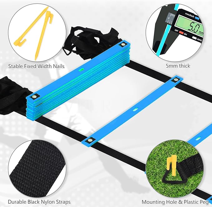 Fixed Rung Agility Ladder 丨20ft 12 Rungs No Tangle Spped and Agility Training Equipment Footwork Ladder with Carrying Bag/Ground Stakes for Adults Youth Kids